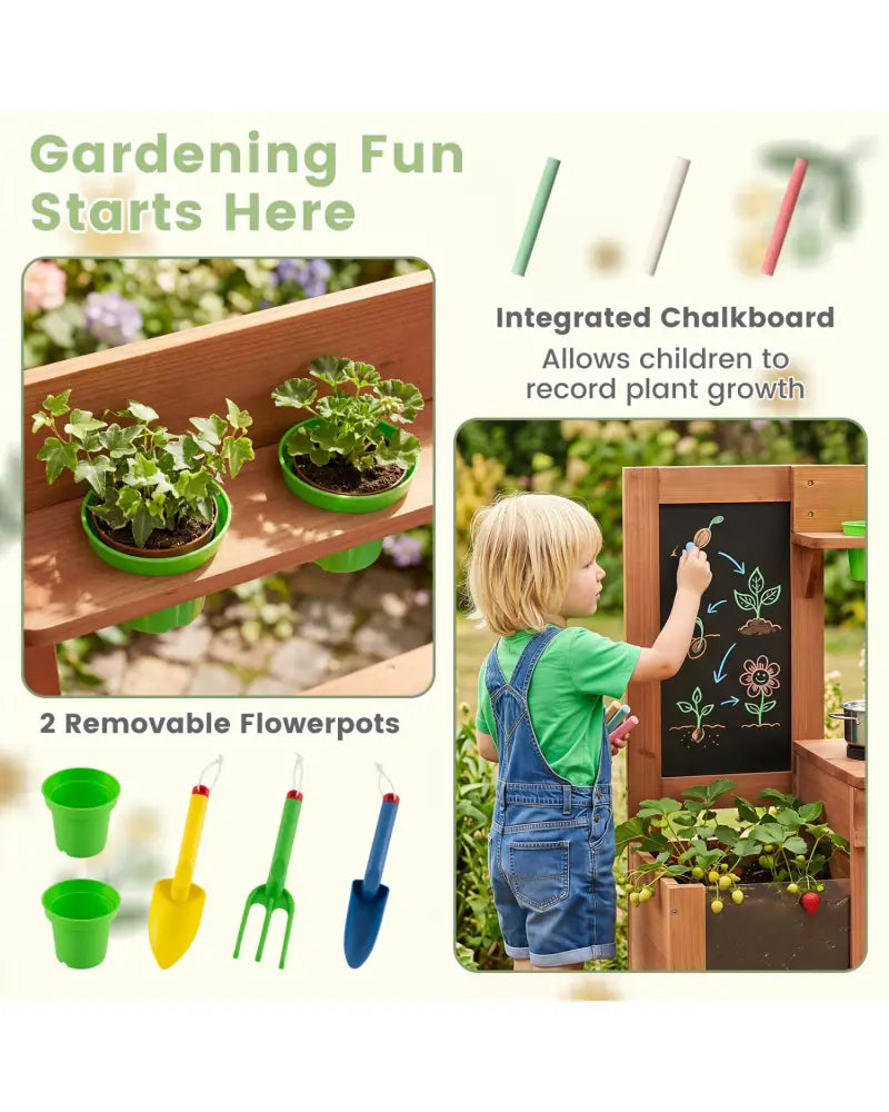 Kids Mud Kitchen with Planter Box and Sink and 13 Accessories for Ages 3+-Natural - Natural - Play Kitchen Sets