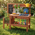 Kids Mud Kitchen with Planter Box and Sink and 13 Accessories for Ages 3+-Natural - Natural - Play Kitchen Sets