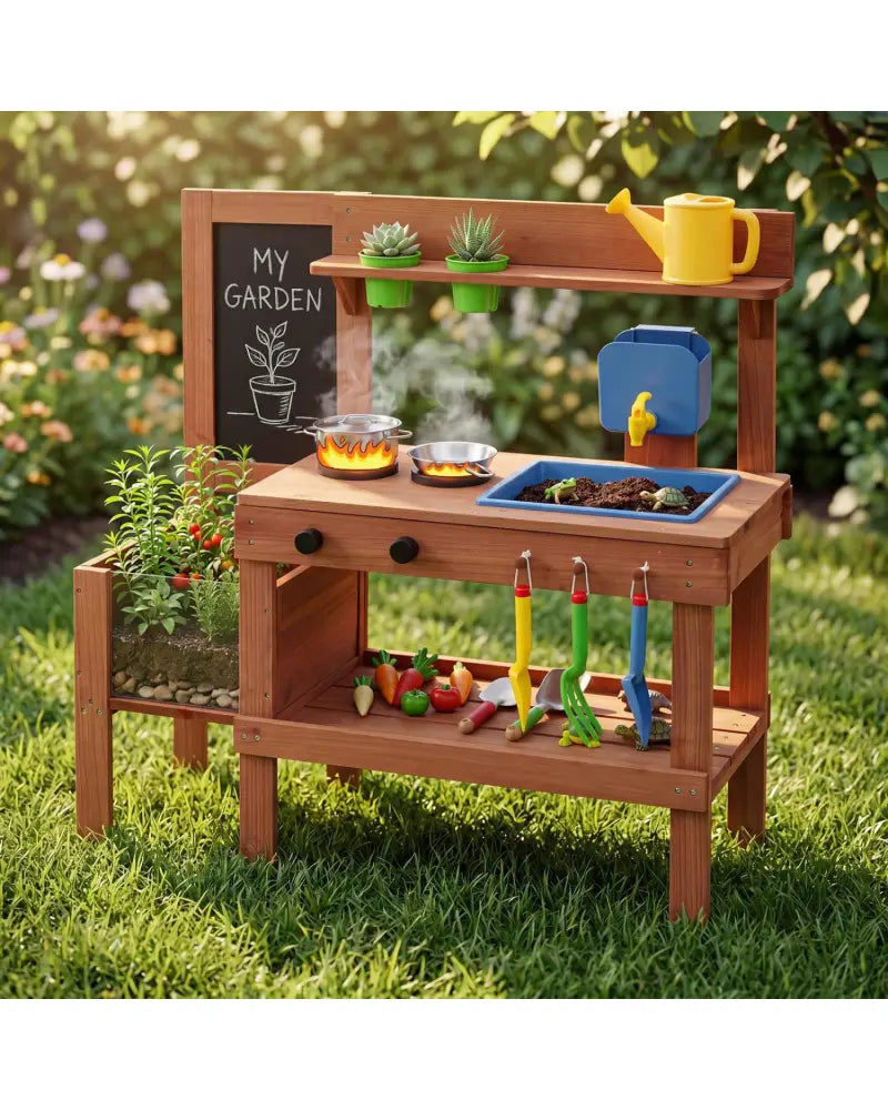Kids Mud Kitchen with Planter Box and Sink and 13 Accessories for Ages 3+-Natural - Natural - Play Kitchen Sets