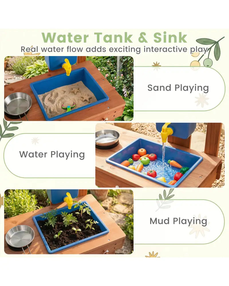Kids Mud Kitchen with Planter Box and Sink and 13 Accessories for Ages 3+-Natural - Natural - Play Kitchen Sets