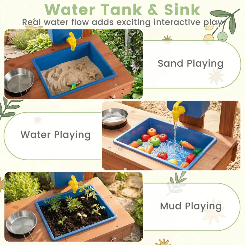 Kids Mud Kitchen with Planter Box and Sink and 13 Accessories for Ages 3+-Natural - Natural - Play Kitchen Sets