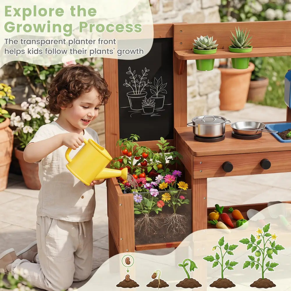 Kids Mud Kitchen with Planter Box and Sink and 13 Accessories for Ages 3+-Natural - Natural - Play Kitchen Sets
