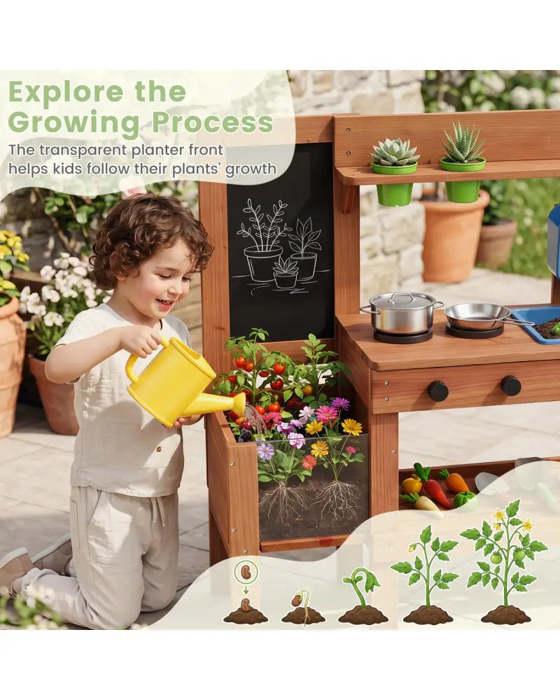 Kids Mud Kitchen with Planter Box and Sink and 13 Accessories for Ages 3+-Natural - Natural - Play Kitchen Sets
