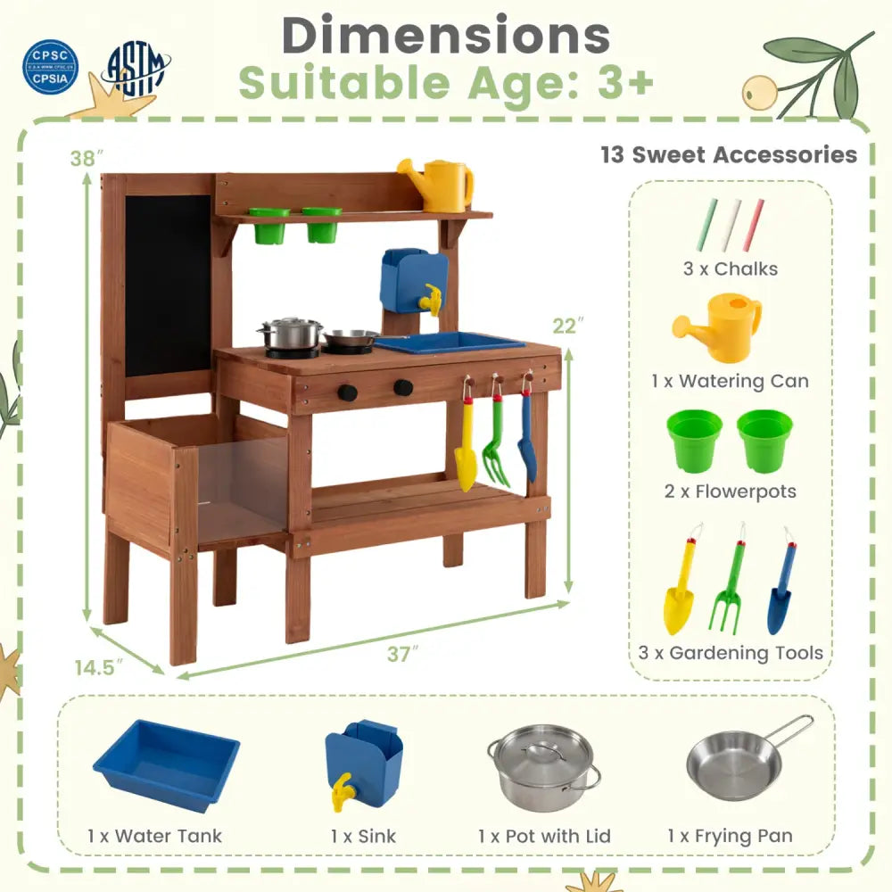 Kids Mud Kitchen with Planter Box and Sink and 13 Accessories for Ages 3+-Natural - Natural - Play Kitchen Sets