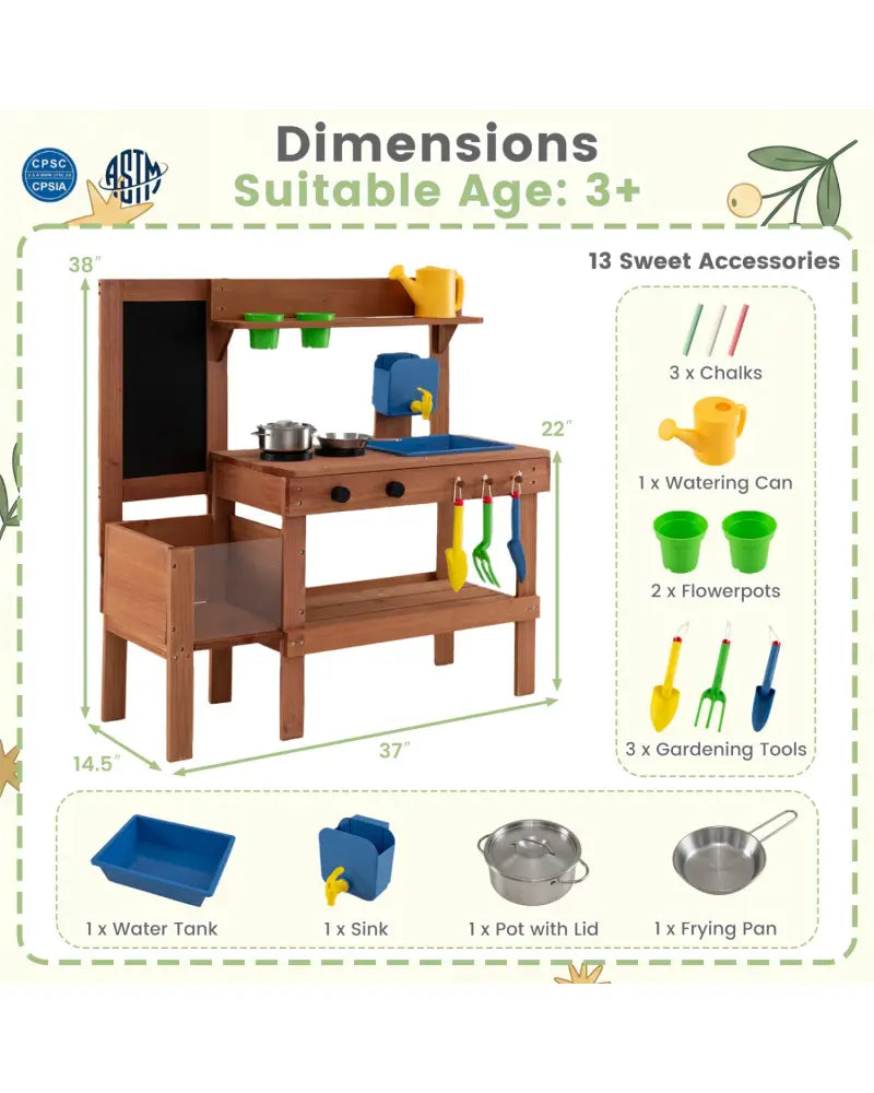 Kids Mud Kitchen with Planter Box and Sink and 13 Accessories for Ages 3+-Natural - Natural - Play Kitchen Sets