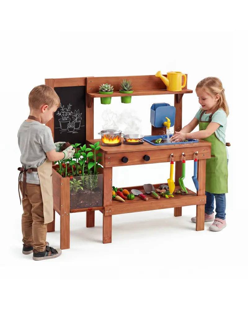 Kids Mud Kitchen with Planter Box and Sink and 13 Accessories for Ages 3+-Natural - Natural - Play Kitchen Sets