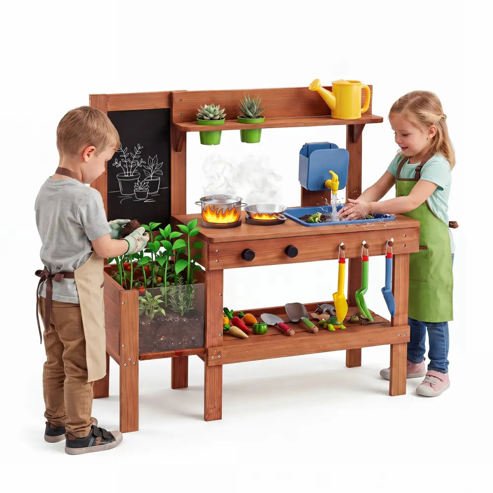 Kids Mud Kitchen with Planter Box and Sink and 13 Accessories for Ages 3+-Natural - Natural - Play Kitchen Sets