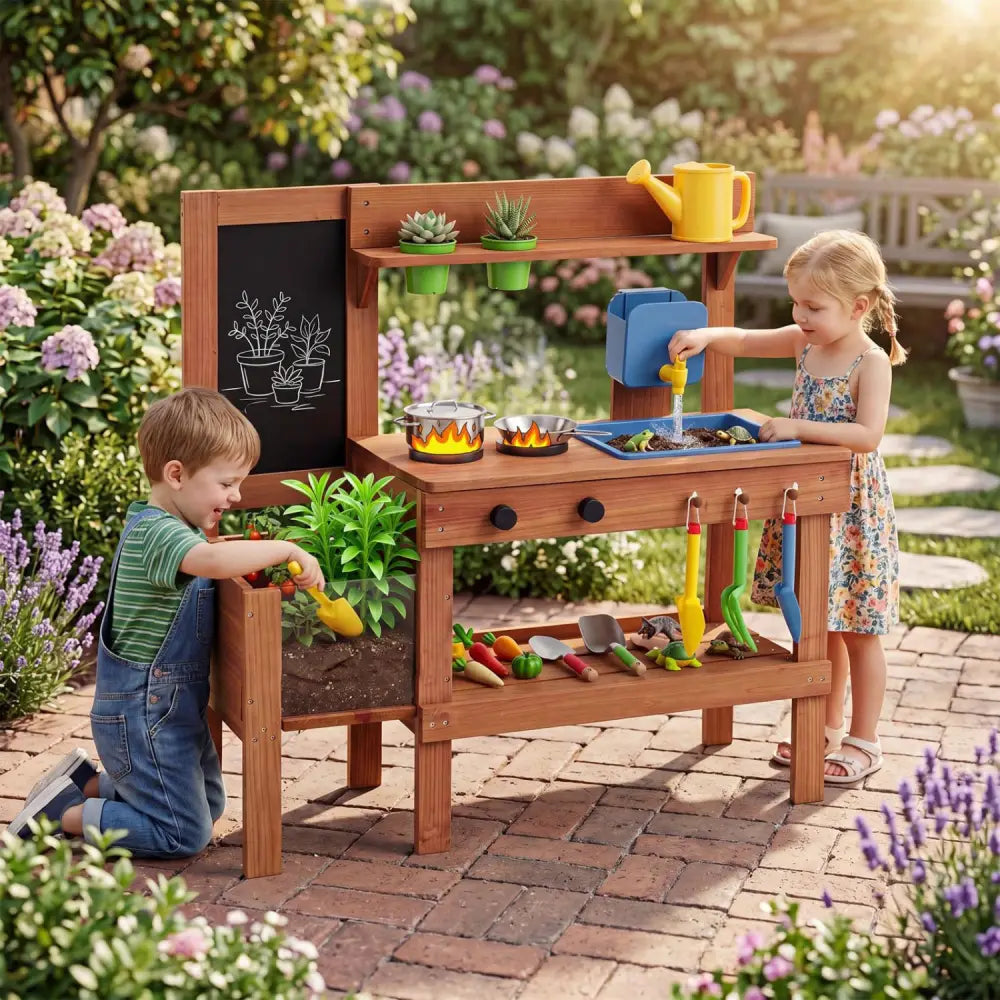 Kids Mud Kitchen with Planter Box and Sink and 13 Accessories for Ages 3+-Natural - Natural - Play Kitchen Sets