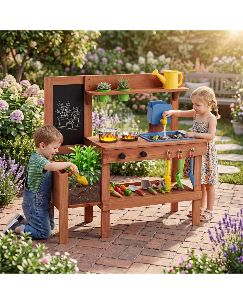 Kids Mud Kitchen with Planter Box and Sink and 13 Accessories for Ages 3+-Natural - Natural - Play Kitchen Sets