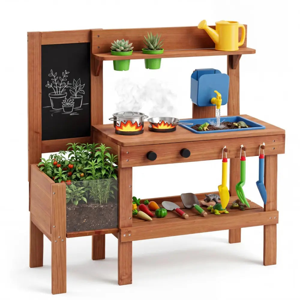 Kids Mud Kitchen with Planter Box and Sink and 13 Accessories for Ages 3+-Natural - Natural - Play Kitchen Sets