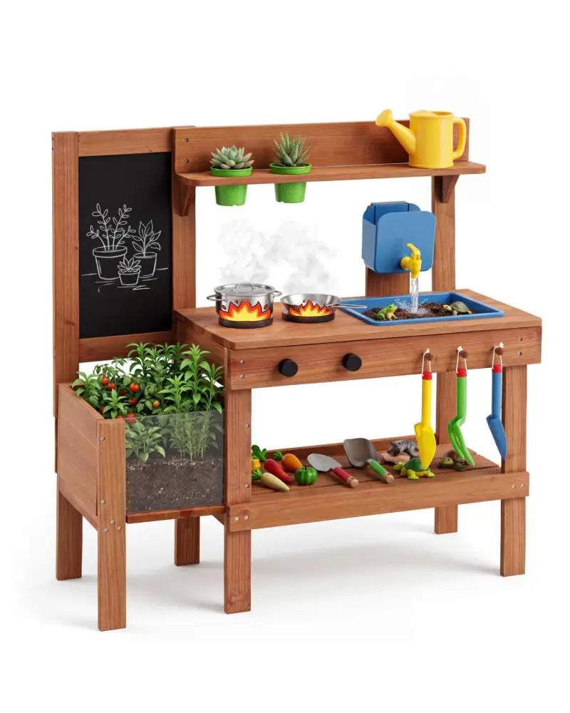 Kids Mud Kitchen with Planter Box and Sink and 13 Accessories for Ages 3+-Natural - Natural - Play Kitchen Sets