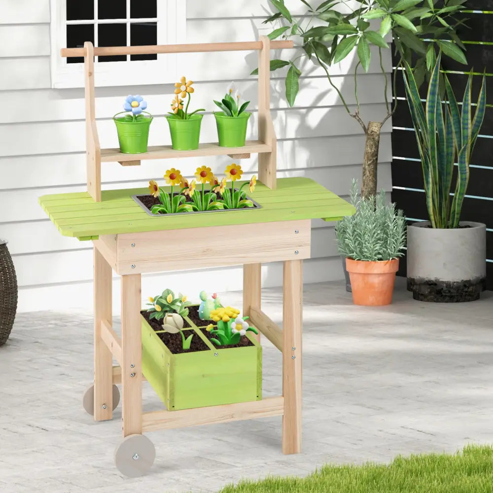 Kids Mud Kitchen with Removable Pots Watering Can Planting Trough and Storage Box-Natrual - Natural - Play Kitchen Sets
