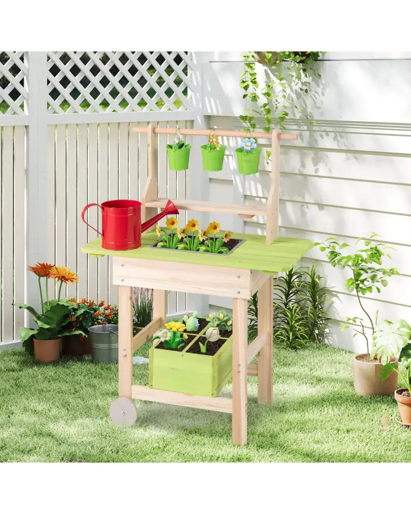 Kids Mud Kitchen with Removable Pots Watering Can Planting Trough and Storage Box-Natrual - Natural - Play Kitchen Sets