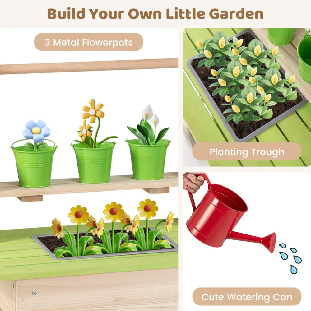 Kids Mud Kitchen with Removable Pots Watering Can Planting Trough and Storage Box-Natrual - Natural - Play Kitchen Sets