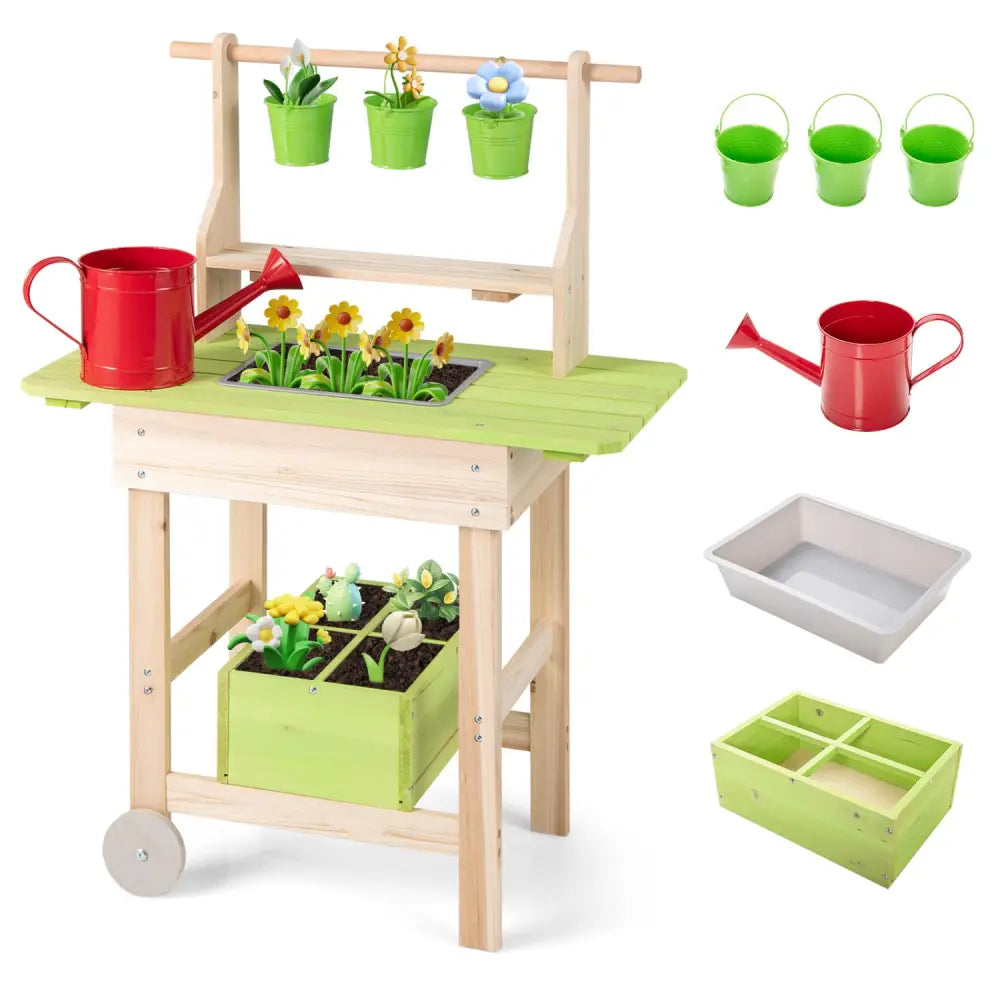 Kids Mud Kitchen with Removable Pots Watering Can Planting Trough and Storage Box-Natrual - Natural - Play Kitchen Sets