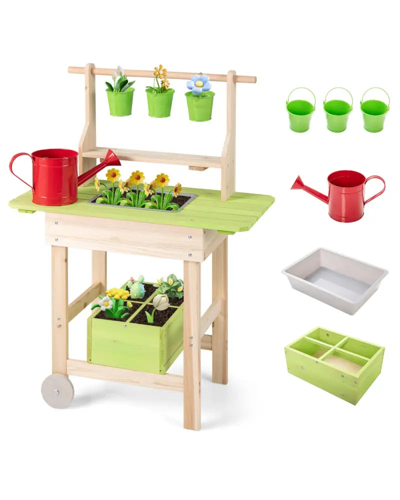 Kids Mud Kitchen with Removable Pots Watering Can Planting Trough and Storage Box-Natrual - Natural - Play Kitchen Sets