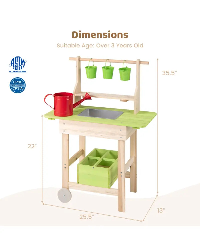 Kids Mud Kitchen with Removable Pots Watering Can Planting Trough and Storage Box-Natrual - Natural - Play Kitchen Sets