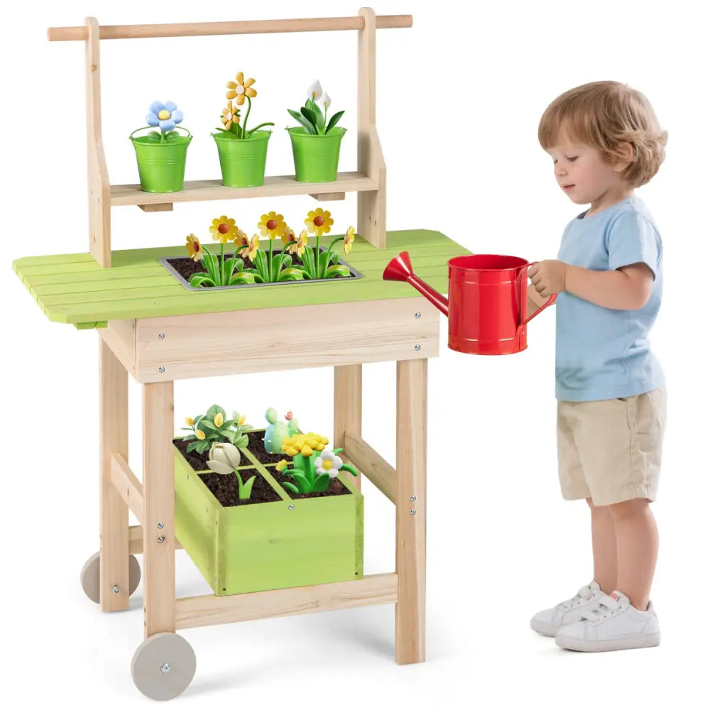 Kids Mud Kitchen with Removable Pots Watering Can Planting Trough and Storage Box-Natrual - Natural - Play Kitchen Sets