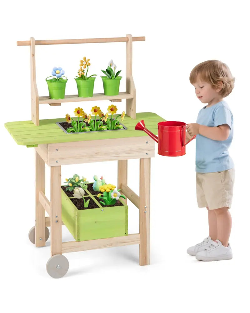 Kids Mud Kitchen with Removable Pots Watering Can Planting Trough and Storage Box-Natrual - Natural - Play Kitchen Sets