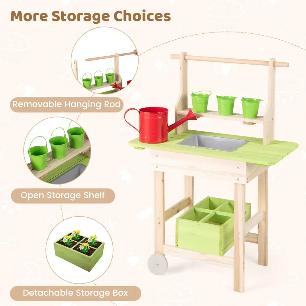 Kids Mud Kitchen with Removable Pots Watering Can Planting Trough and Storage Box-Natrual - Natural - Play Kitchen Sets