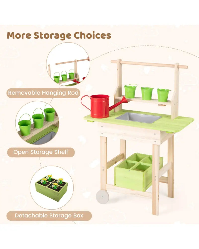 Kids Mud Kitchen with Removable Pots Watering Can Planting Trough and Storage Box-Natrual - Natural - Play Kitchen Sets