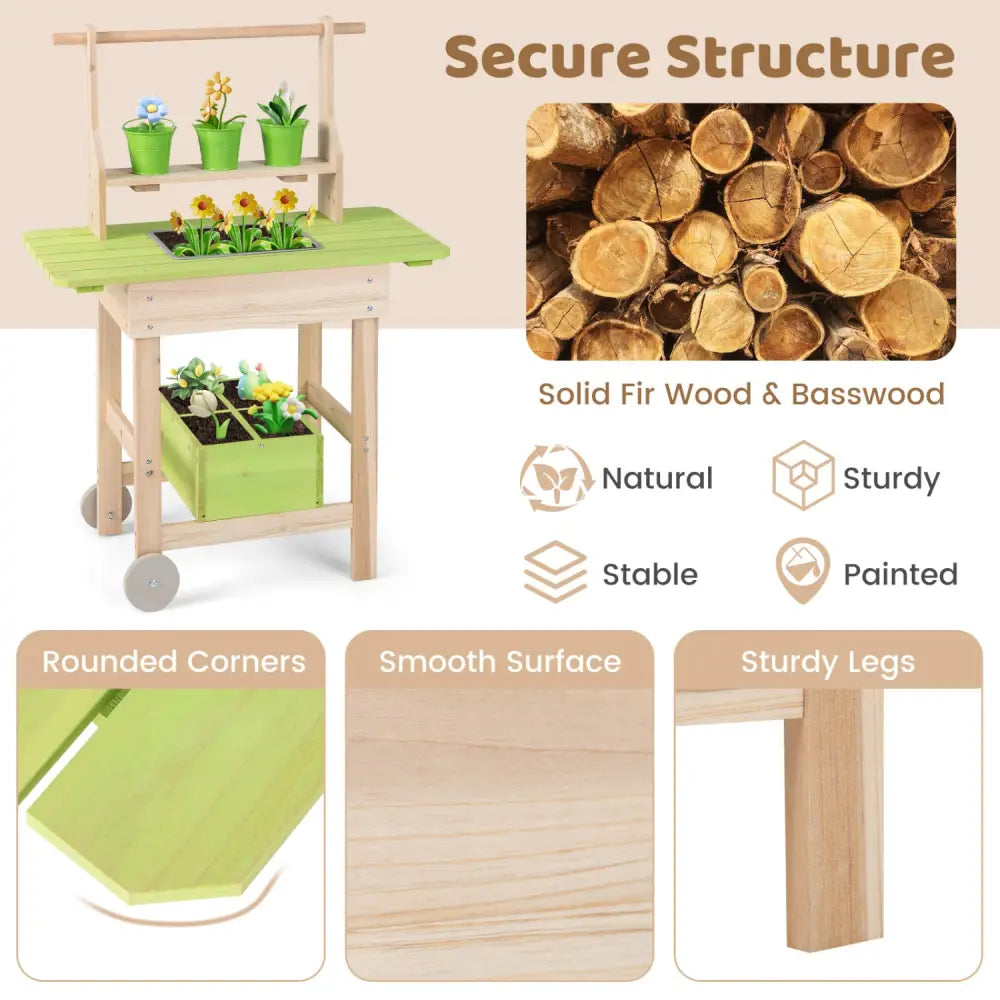 Kids Mud Kitchen with Removable Pots Watering Can Planting Trough and Storage Box-Natrual - Natural - Play Kitchen Sets