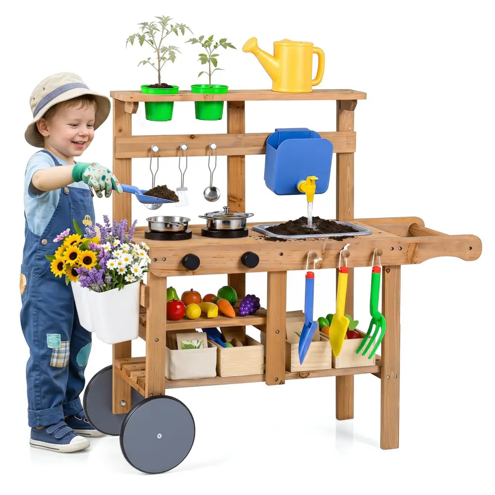 Kids Mud Kitchen with Water Tank and Sink and 15 Accessories for Ages 3+-Natural - Natural - Play Kitchen Sets