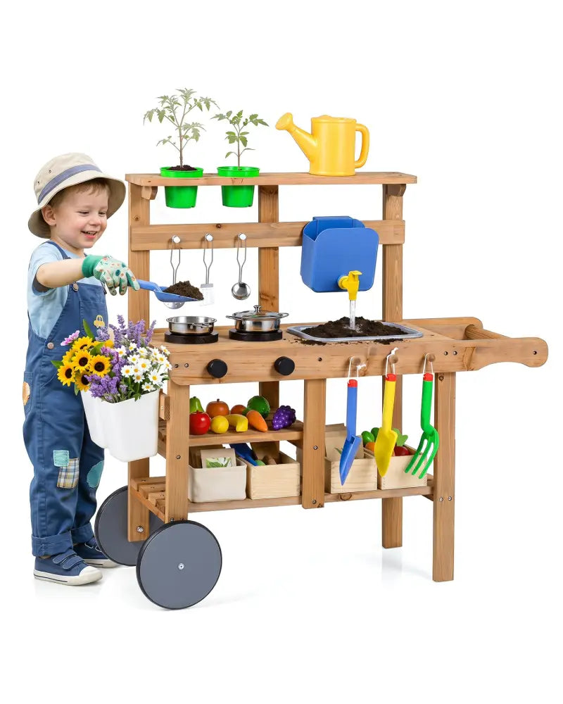 Kids Mud Kitchen with Water Tank and Sink and 15 Accessories for Ages 3+-Natural - Natural - Play Kitchen Sets
