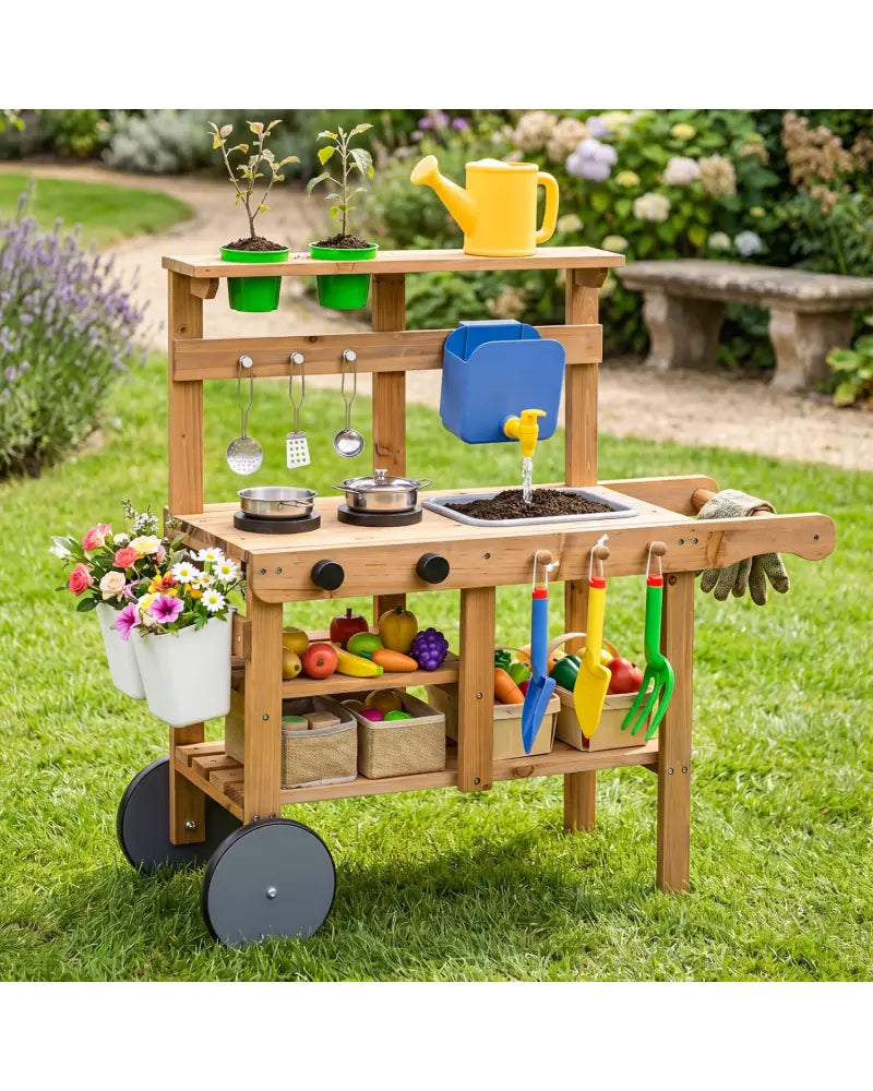 Kids Mud Kitchen with Water Tank and Sink and 15 Accessories for Ages 3+-Natural - Natural - Play Kitchen Sets