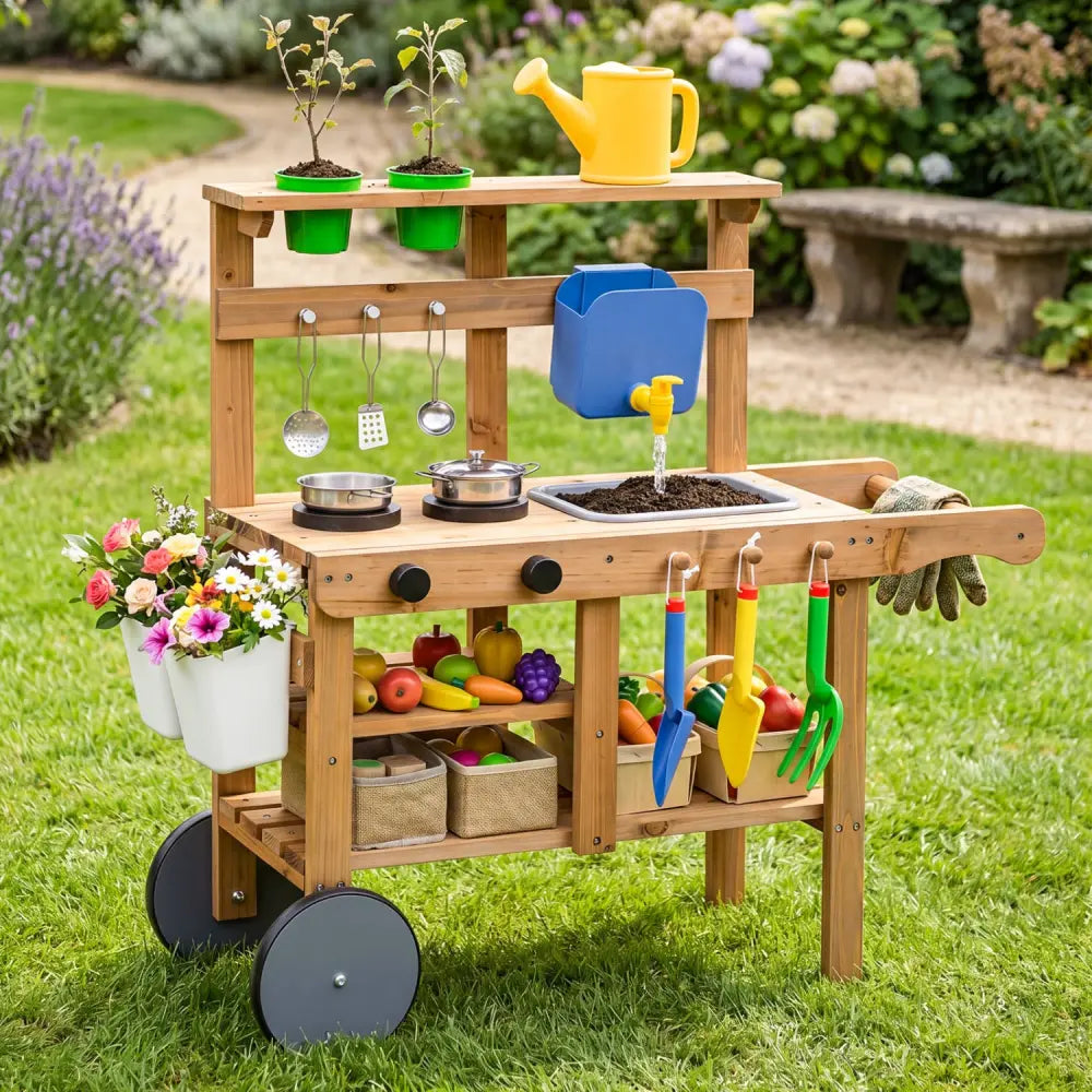 Kids Mud Kitchen with Water Tank and Sink and 15 Accessories for Ages 3+-Natural - Natural - Play Kitchen Sets