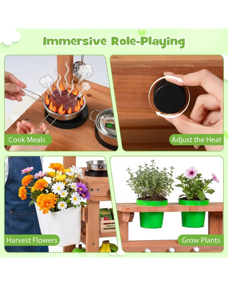 Kids Mud Kitchen with Water Tank and Sink and 15 Accessories for Ages 3+-Natural - Natural - Play Kitchen Sets
