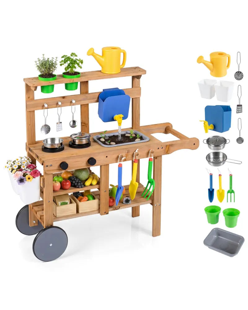 Kids Mud Kitchen with Water Tank and Sink and 15 Accessories for Ages 3+-Natural - Natural - Play Kitchen Sets