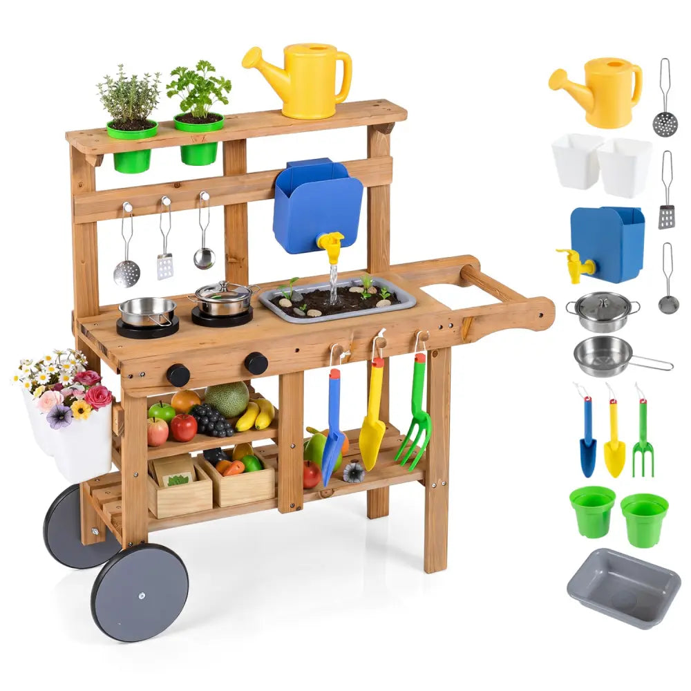 Kids Mud Kitchen with Water Tank and Sink and 15 Accessories for Ages 3+-Natural - Natural - Play Kitchen Sets
