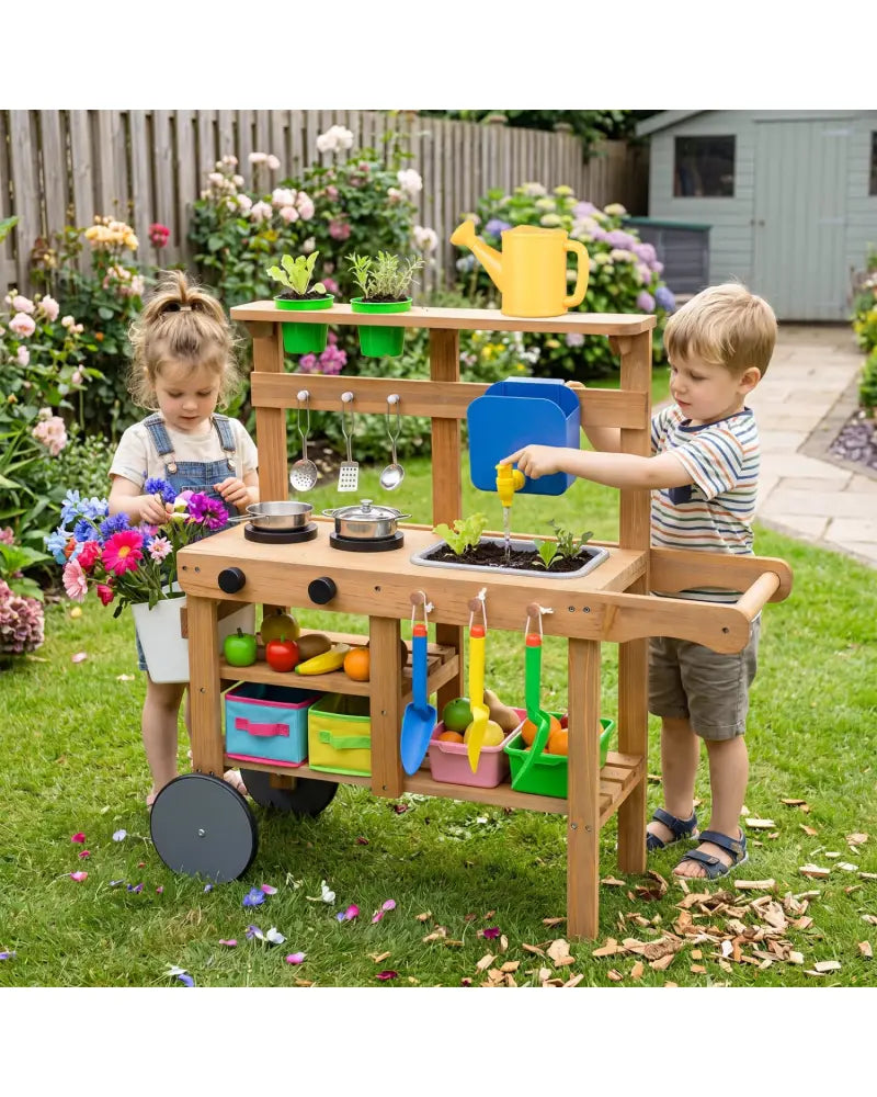 Kids Mud Kitchen with Water Tank and Sink and 15 Accessories for Ages 3+-Natural - Natural - Play Kitchen Sets