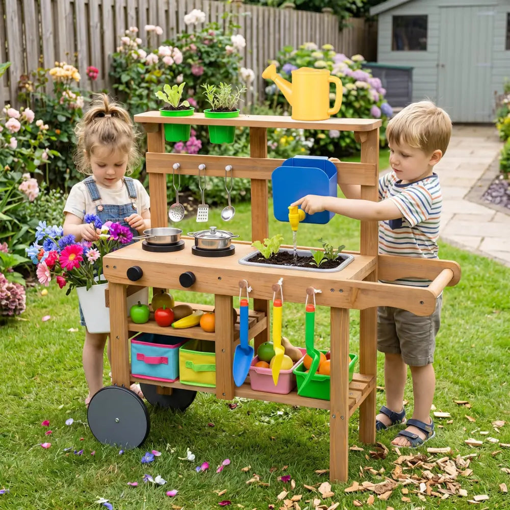 Kids Mud Kitchen with Water Tank and Sink and 15 Accessories for Ages 3+-Natural - Natural - Play Kitchen Sets