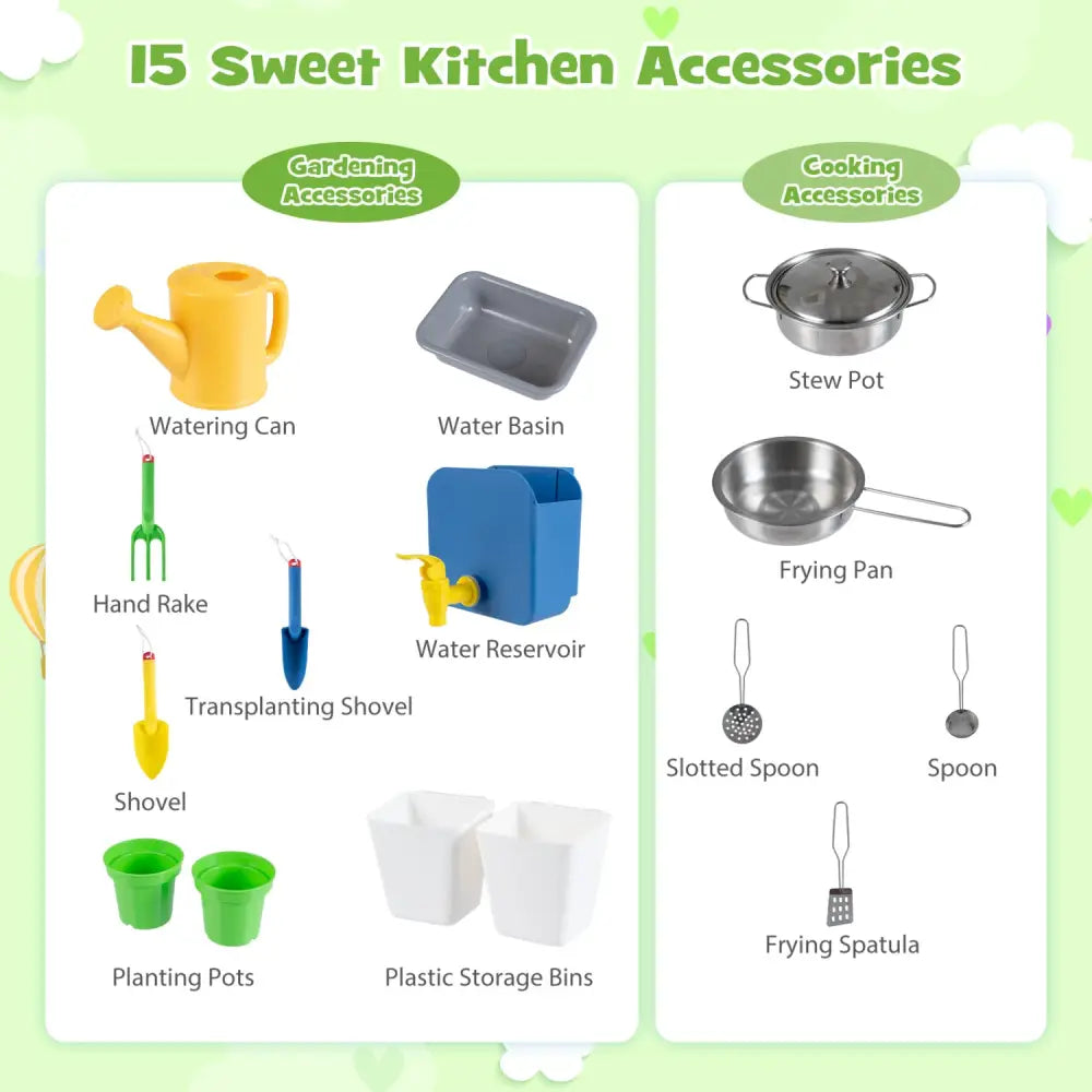 Kids Mud Kitchen with Water Tank and Sink and 15 Accessories for Ages 3+-Natural - Natural - Play Kitchen Sets
