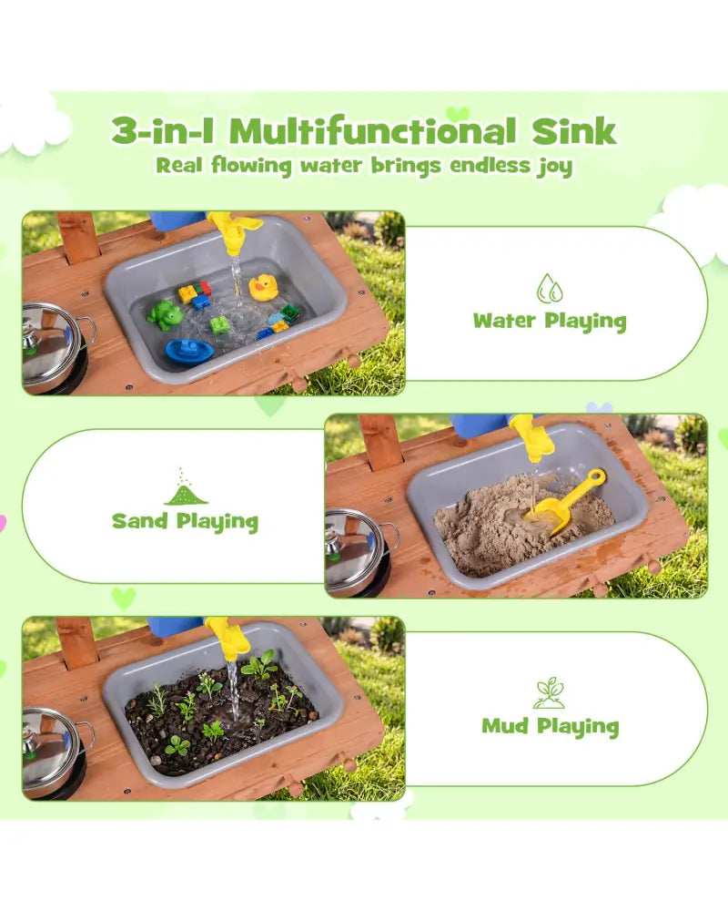 Kids Mud Kitchen with Water Tank and Sink and 15 Accessories for Ages 3+-Natural - Natural - Play Kitchen Sets