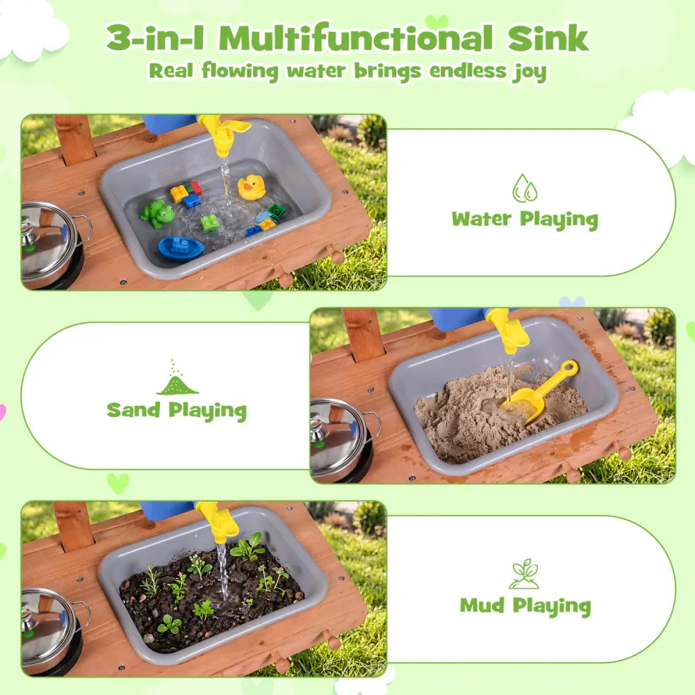 Kids Mud Kitchen with Water Tank and Sink and 15 Accessories for Ages 3+-Natural - Natural - Play Kitchen Sets