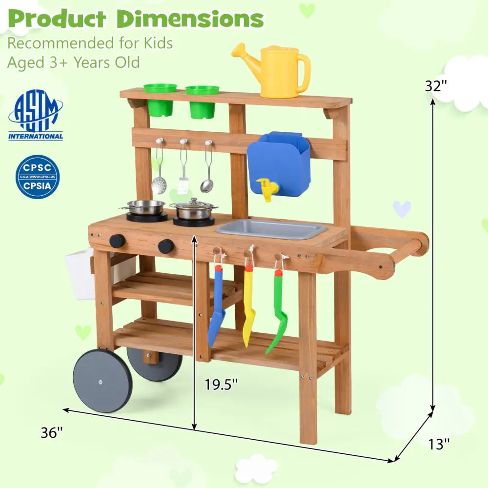 Kids Mud Kitchen with Water Tank and Sink and 15 Accessories for Ages 3+-Natural - Natural - Play Kitchen Sets