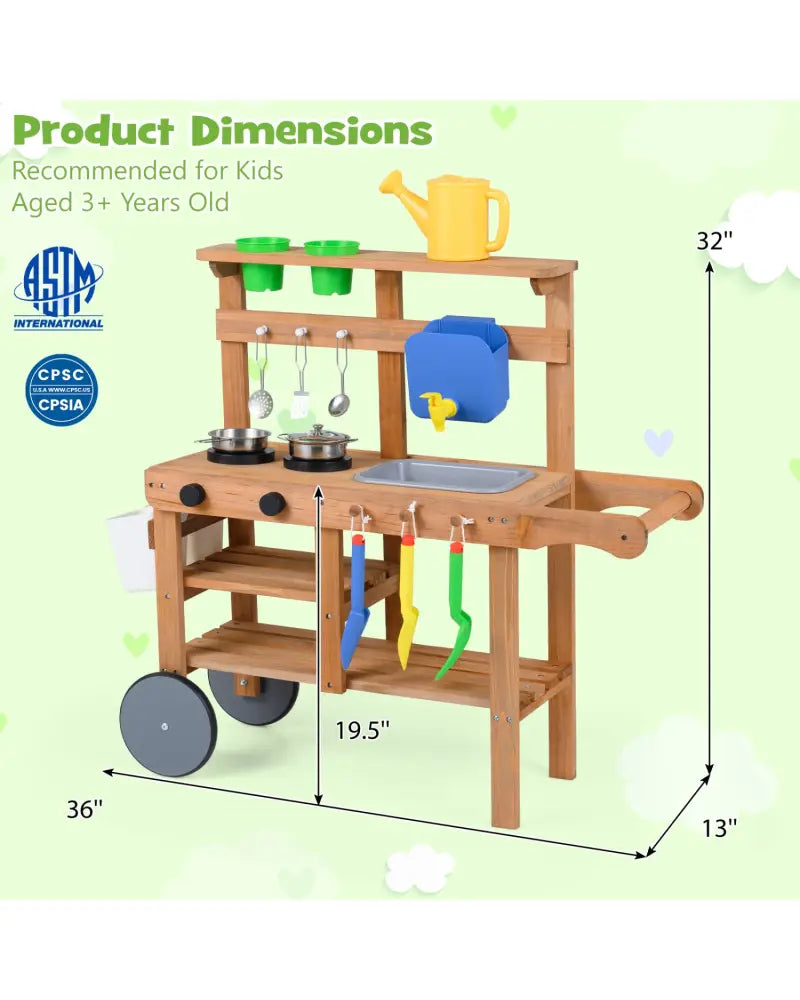 Kids Mud Kitchen with Water Tank and Sink and 15 Accessories for Ages 3+-Natural - Natural - Play Kitchen Sets