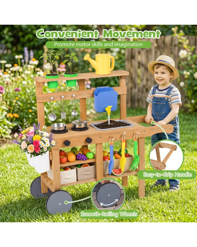 Kids Mud Kitchen with Water Tank and Sink and 15 Accessories for Ages 3+-Natural - Natural - Play Kitchen Sets