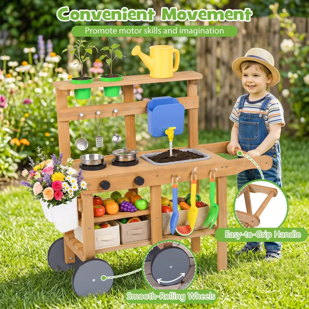 Kids Mud Kitchen with Water Tank and Sink and 15 Accessories for Ages 3+-Natural - Natural - Play Kitchen Sets