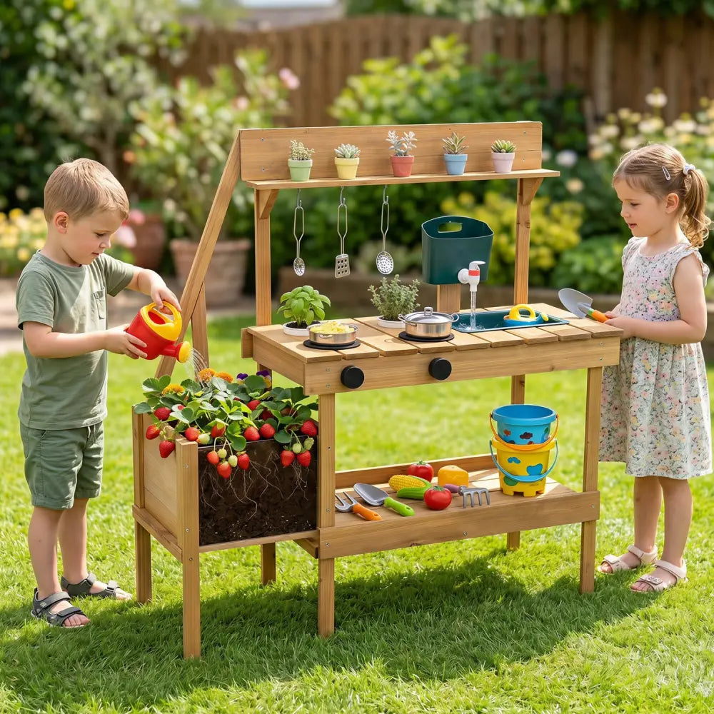 Kids Mud Kitchen Wooden Play Kitchen with Planter Box-Natural - Natural - Play Kitchen Sets