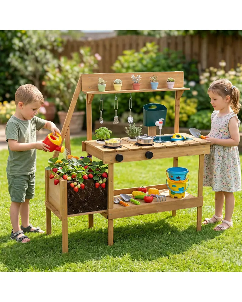 Kids Mud Kitchen Wooden Play Kitchen with Planter Box-Natural - Natural - Play Kitchen Sets