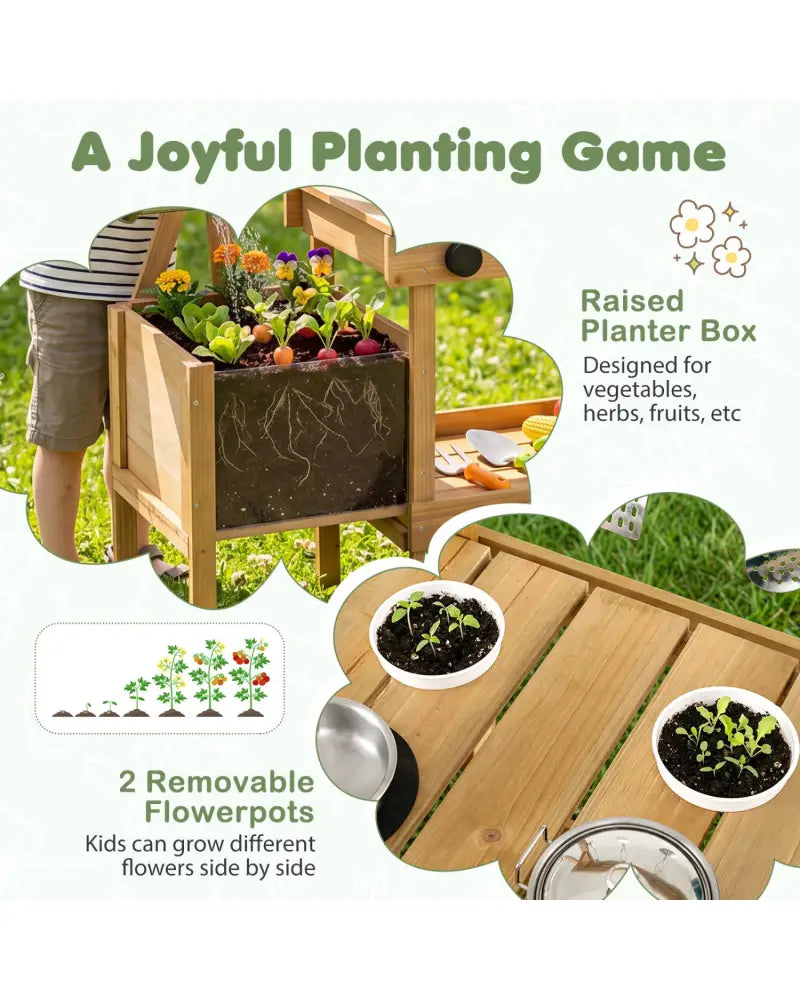 Kids Mud Kitchen Wooden Play Kitchen with Planter Box-Natural - Natural - Play Kitchen Sets