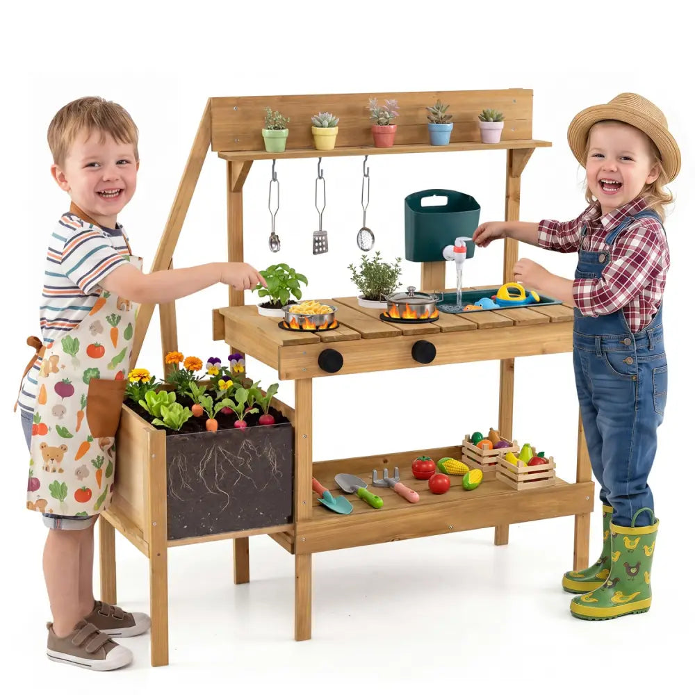 Kids Mud Kitchen Wooden Play Kitchen with Planter Box-Natural - Natural - Play Kitchen Sets