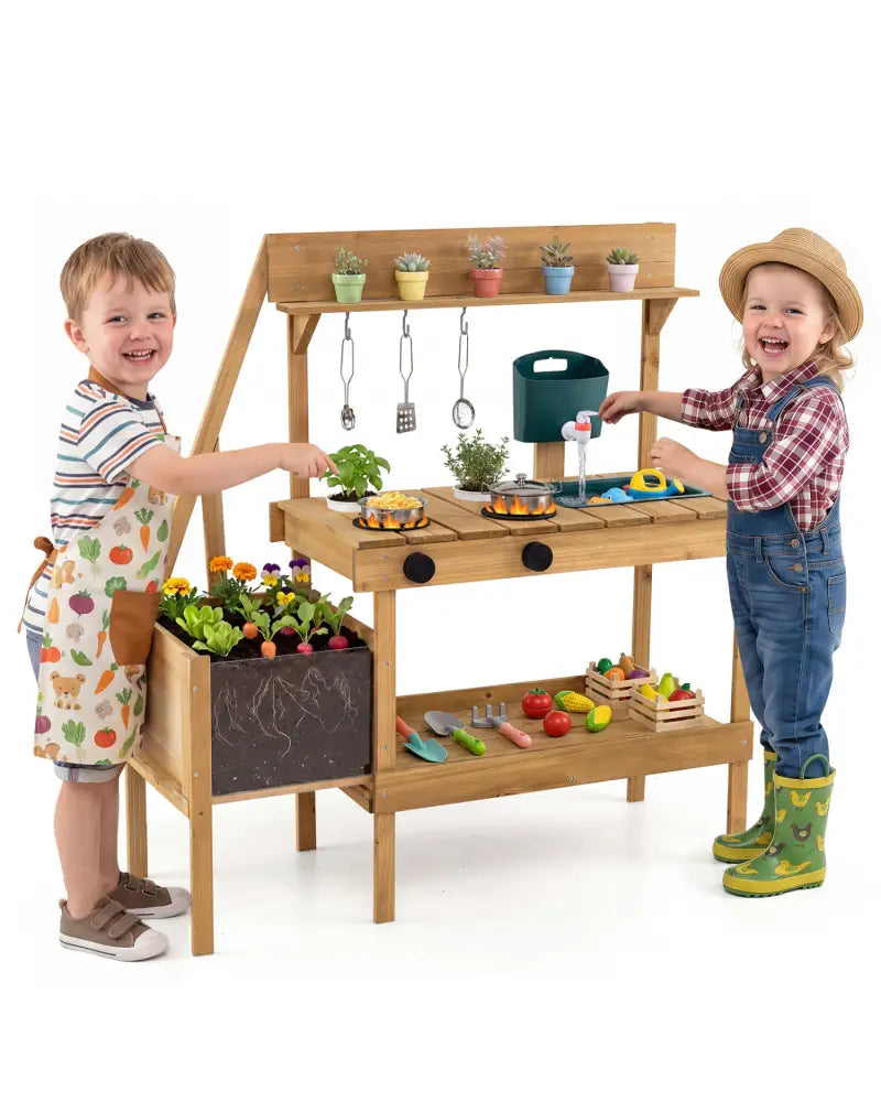 Kids Mud Kitchen Wooden Play Kitchen with Planter Box-Natural - Natural - Play Kitchen Sets