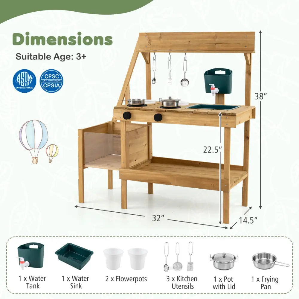 Kids Mud Kitchen Wooden Play Kitchen with Planter Box-Natural - Natural - Play Kitchen Sets