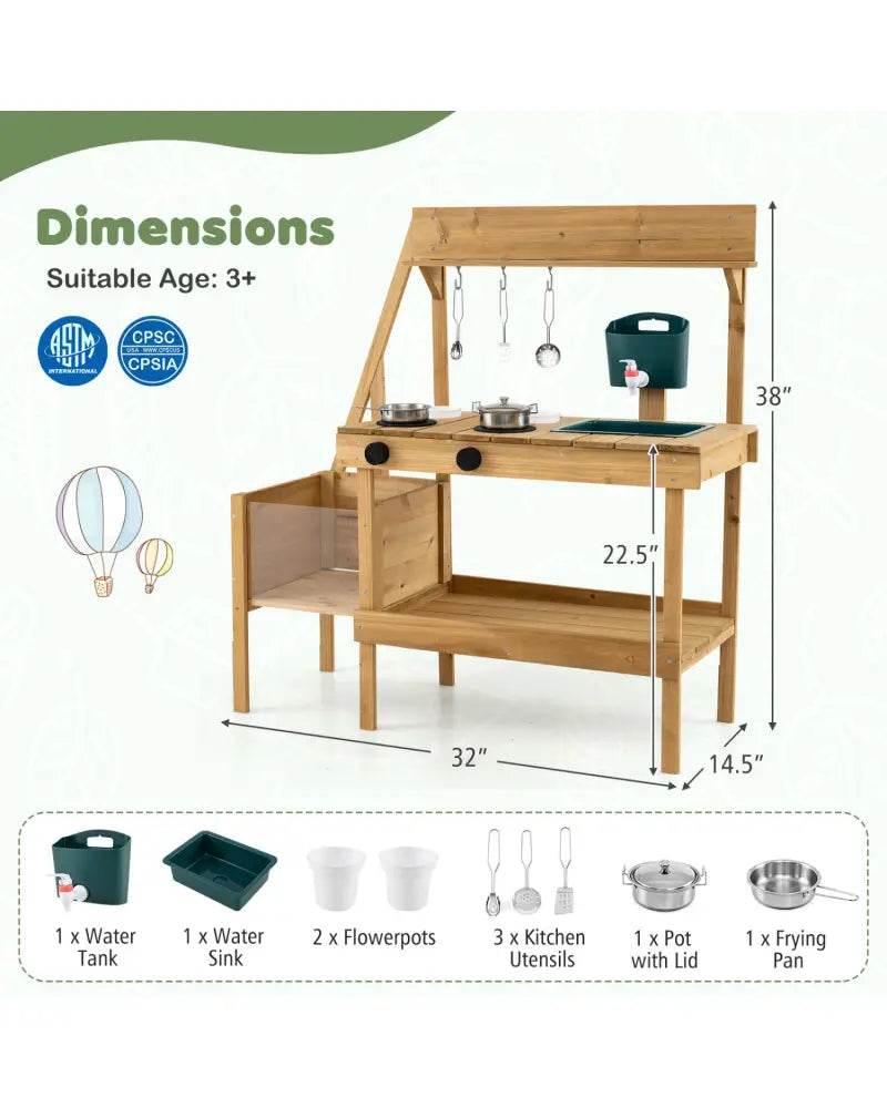 Kids Mud Kitchen Wooden Play Kitchen with Planter Box-Natural - Natural - Play Kitchen Sets