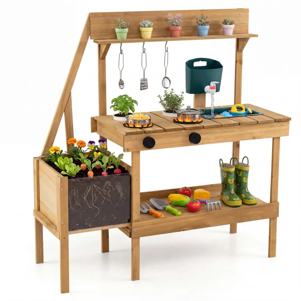 Kids Mud Kitchen Wooden Play Kitchen with Planter Box-Natural - Natural - Play Kitchen Sets